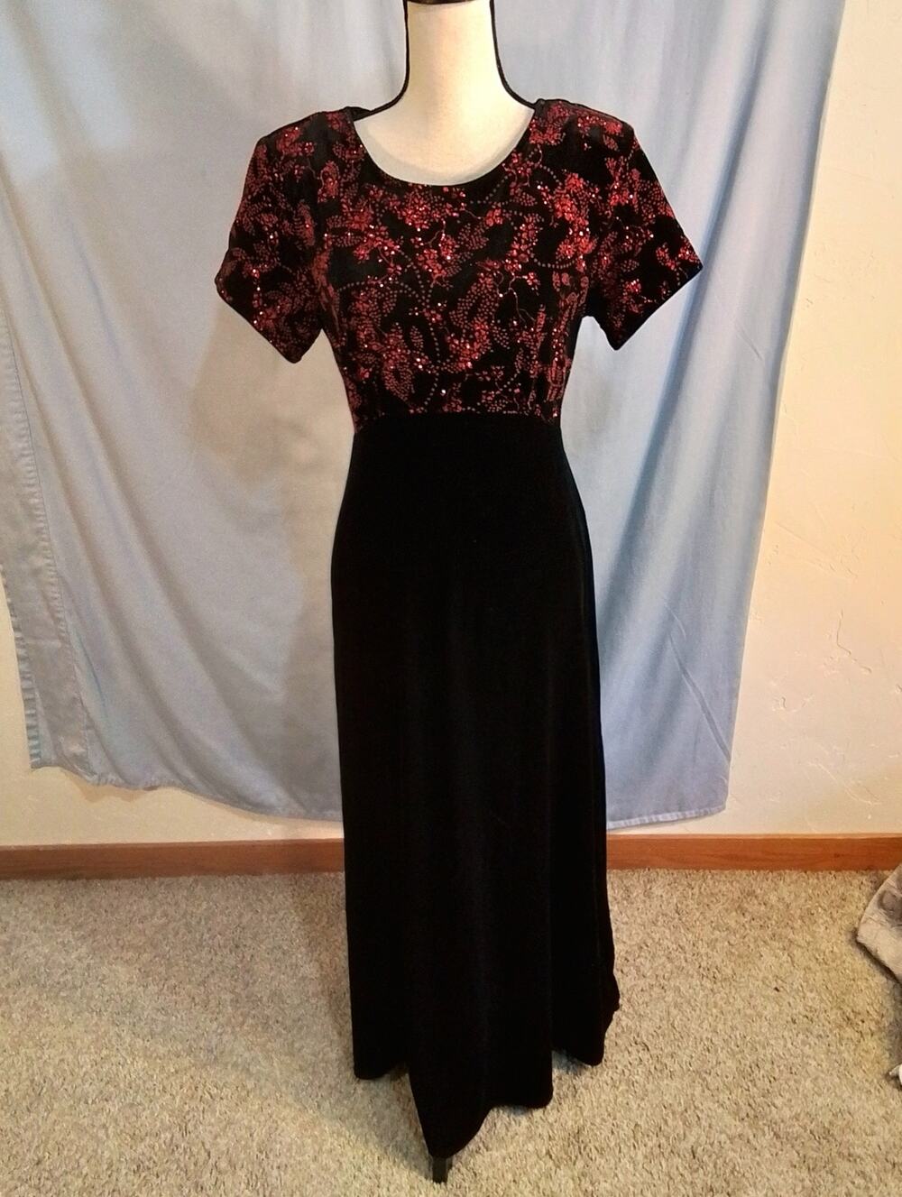 Another Thyme velvety black dress with sparkly floral red quasi beading